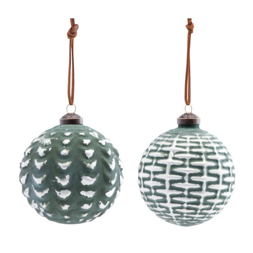 Set of 12 Green and White Glass Christmas Ball Ornaments 4.5"