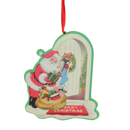4" Decorative Retro Santa at Door Step Wooden Christmas Ornament