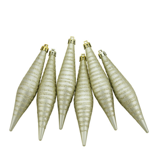 6ct Champagne Gold Stripes Shatterproof Christmas Finial Drop Ornaments 5.75"