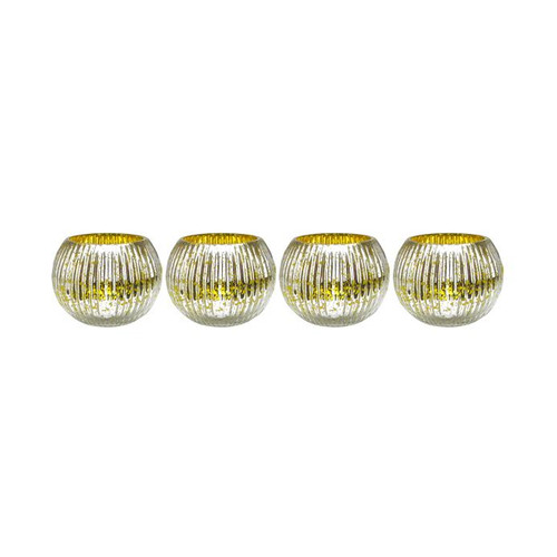 Set of 4 Yellow and Silver Ribbed Round Mercury Glass Decorative Votive Candle Holders 3.25"