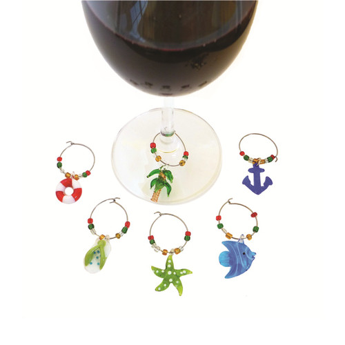 Set of 6 Green and Blue Beach Themed Design Wine Glass Marker Sets - 33479675
