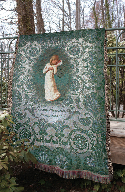 Green and White Willow Tree Angel Thinking of You Tapestry Throw Blanket 50" x 60"