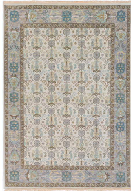 8' x 11' Snow White and Mocha Brown Rectangular Hand Knotted Wool Area Throw Rug
