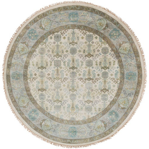 8' Snow White and Mocha Brown Round Hand Knotted Wool Area Throw Rug