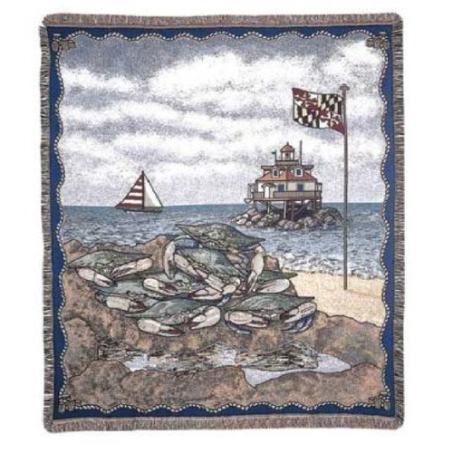 Blue and Red Rectangular Tapestry Throw Blanket with Maryland Blue Crab Design 50" x 60"