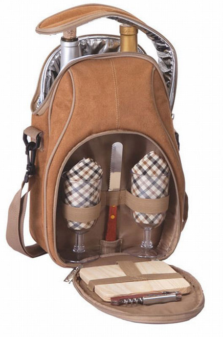 Insulated Romantic Wine and Cheese Picnic Bag Carrier Holds 2 Bottles - Camel