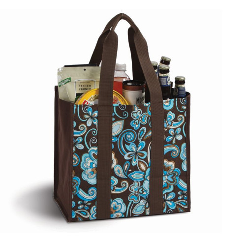 13" Laminated Canvas Reusable Tote Bag in Blue and Brown Floral Print