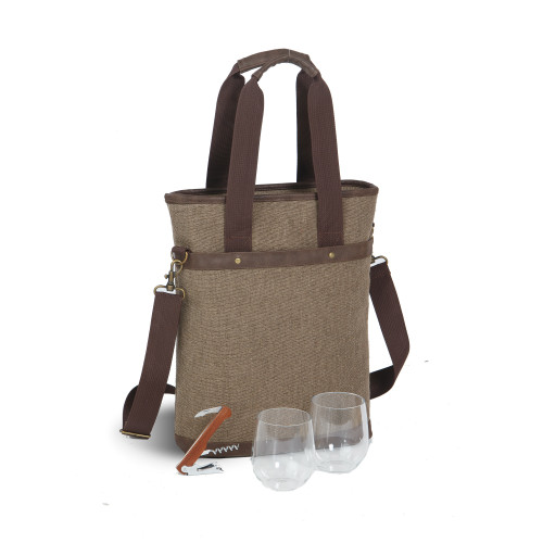 14.5” Brown Insulated Double Bottle Wine Bag with Shoulder Strap - 33817187