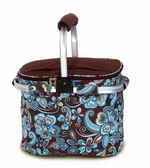 14" Brown and Sky Blue Collapsible Market Tote Cooler
