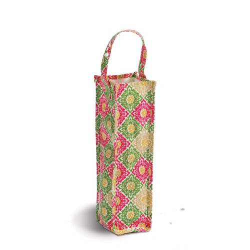 Pack of 2 Pink & Green Canvas Eco-Friendly Reusable Wine Bottle and Gift Tote Bag 14"