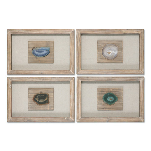 Set of 4 Solid Wood and Linen Shadow Boxes with Multi-Color Agate Stones