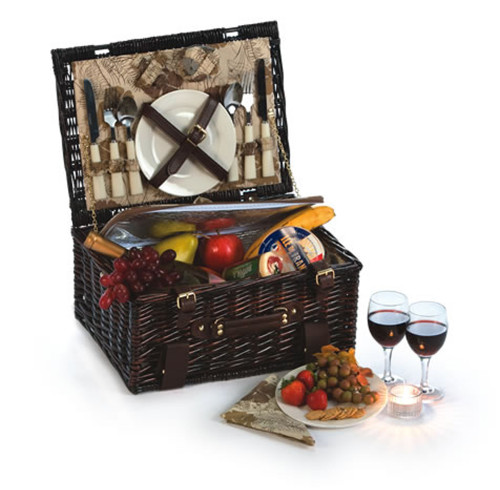 Posh Handcrafted 2-Person Woven Stained Willow Picnic Basket Set w/ Accessories
