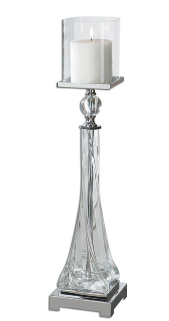 27" Vicenza Twisted Glass Pillar Candleholder with Polished Nickel and Crystal Accents