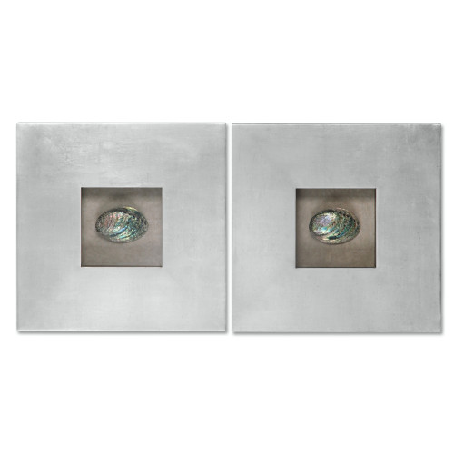 Set of 2 Antiqued Silver Leaf Wall Art Shadow Boxes with Abalone Shells