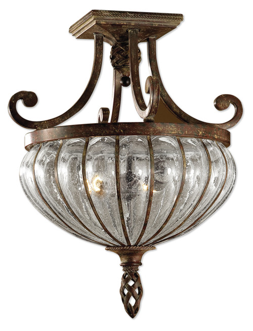 19" Elegant Clear Blown Glass & Clay Patina Iron Ceiling Light Fixture