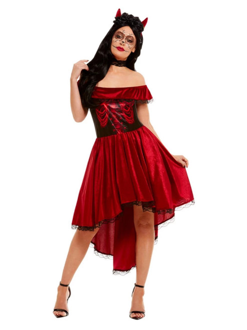 Red and Black Day of the Dead Devil Women Adult Halloween Costume - Large