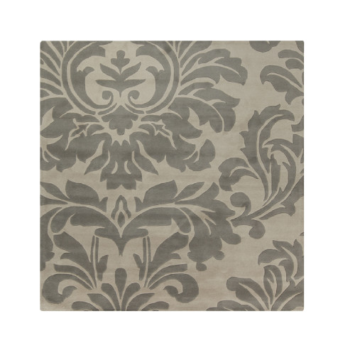 6' x 6' White and Gray Leaf Motif Damask Square Wool Area Throw Rug