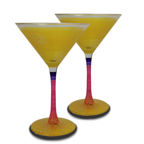 Set of 2 Yellow and Pink Hand Painted Martini Drinking Glasses 7.5 oz.