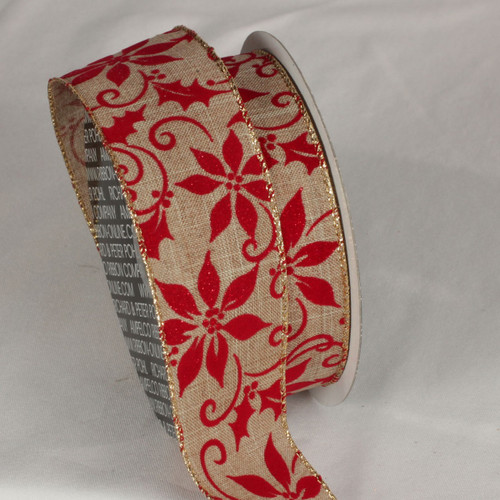 Tan Brown and Red Poinsettia Print Wired Craft Ribbon 2" x 20 Yards