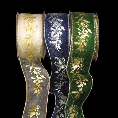 Ivory and Gold Colored Organza Jingle Bells Print Wired Craft Ribbon 2" x 27 Yards