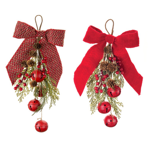 Set of 12 Red and Green Assorted Bow with Bells Package Ties, 14.5"