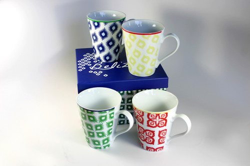 Set of 4 Colorful Belize Porcelain Coffee Mugs with Gift Box - 14 ounces