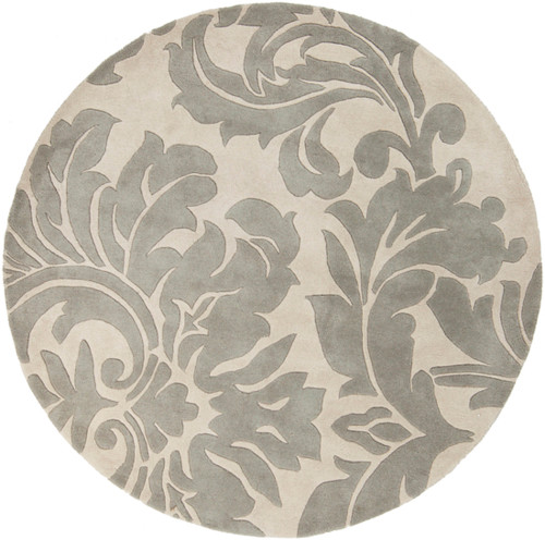 6' Gray Falling Leaf Design Damask Round Wool Area Throw Rug