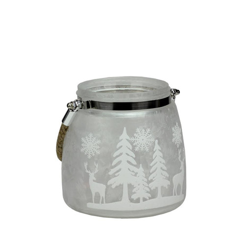 5.5" Silver White Iced Winter Scene Decorative Christmas Pillar Candle Holder Lantern with Handle - 32256983