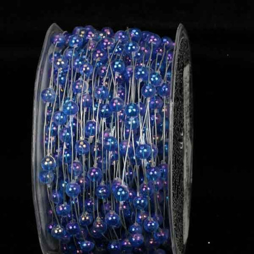 Clear and Blue Pearls Wired Craft Ribbon Garland 0.25" x 54 Yards