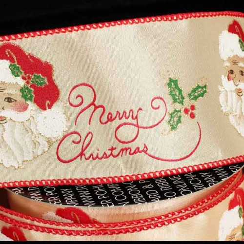 Gold with Red Merry Christmas Santa Print Wired Craft Ribbon 2.5" x 20 Yards