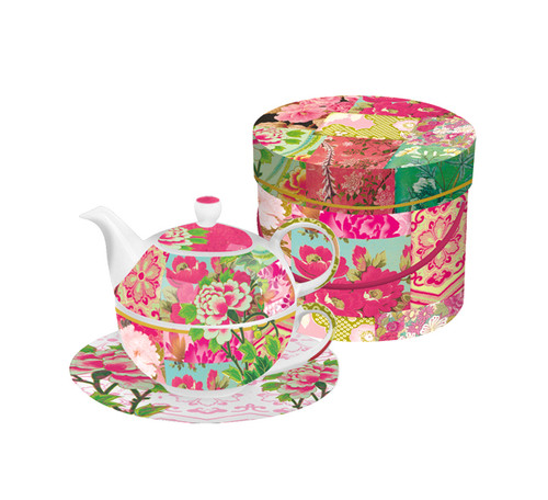 Shinto Garden Floral Bone China Tea for One Teapot, Cup and Saucer Set with Gift Box