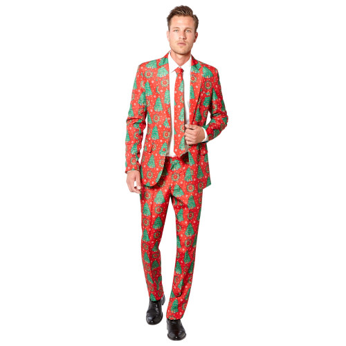 Red and Green Christmas Trees Printed Men's Adult Suit - Extra-Large