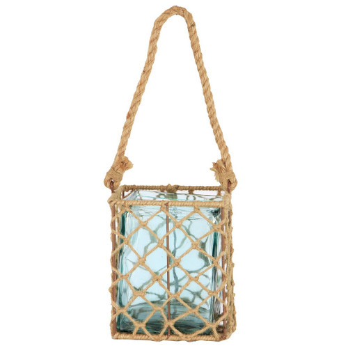 6.75" Decorative Teal Glass and Jute Square Pillar Candle Holder with Handle
