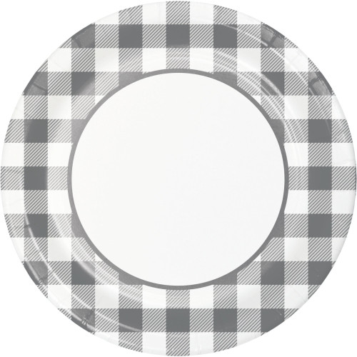 Club Pack of 96 Gray and White Disposable Checkered Round Paper Banquet Plates 10"
