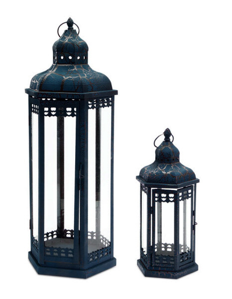 Melrose Set of 2 Distressed and Crackled Midnight Blue Mirage Pillar Candle Lanterns 24" - 54182
