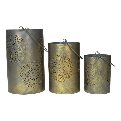 Set of 3 Gray and Gold Floral Cut-Out Pillar Candle Lanterns 10"