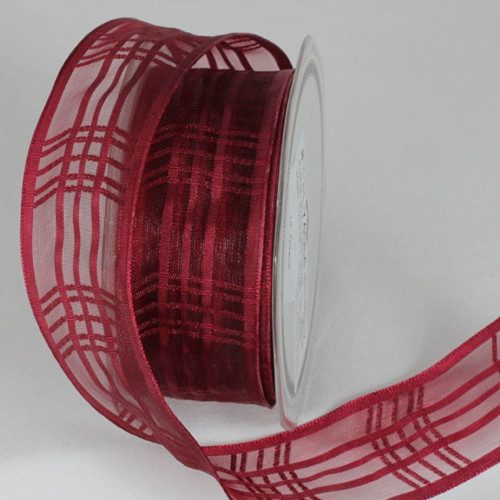 Bordeaux Red Plaid Patterned French Wired Craft Ribbon 1.5" x 25 Yards