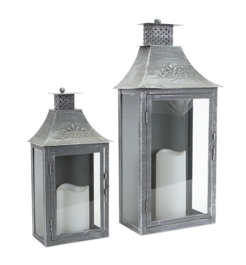 Set of 2 Rustic Gray Brushed Metal Wall Mounted Pillar Candle Lanterns 19.5"
