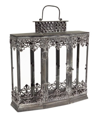 Botanic Beauty Charcoal Gray Metal and Glass Fancy Filigree Lantern 15"