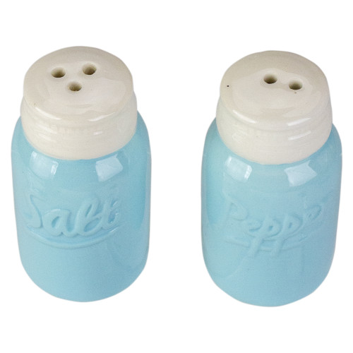 Light Blue and White Retro Mason Jar Style Ceramic Salt and Pepper Shakers 3.25"