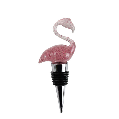 4.5" Handcrafted Transparent Glittered Pink Flamingo Stainless Steel Wine Bottle Stopper