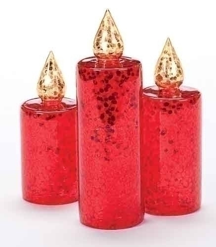 Set of 3 Red and Gold Glitter Sequined Christmas Pillar Candle Figures 10"
