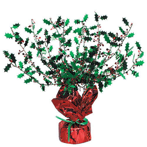 Club Pack of 12 Red and Green Metallic Gleam 'N Burst Holly Centerpiece Christmas Decorations 15"