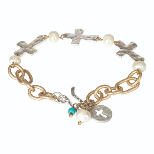 Silver and Gold Multiple Crosses Link Chain Bracelet