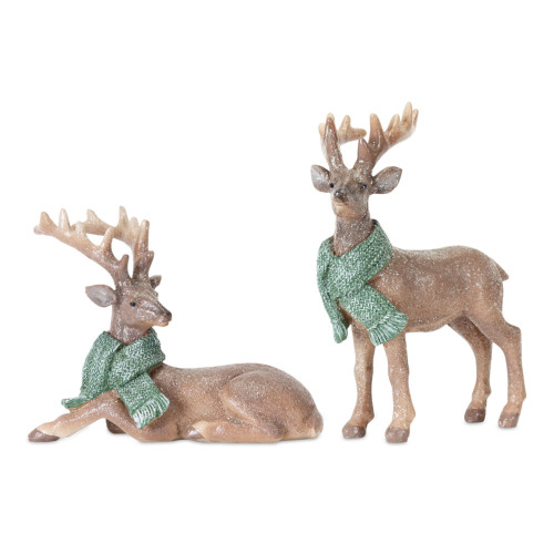 Set of 2 White and Green Traditional Christmas Deer Figurines 9.75"