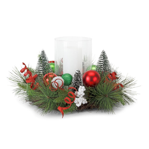 Set of 2 Green Pine and Ornament Christmas Candle Holder, 16"