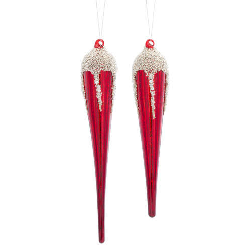 Set of 12 Red and Silver Beaded Christmas Icicle Ornaments 12.5"