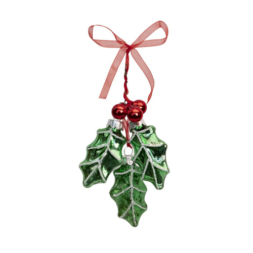 Set of 12 Green and Red Holly Leaf Glass Christmas Ornament, 7"