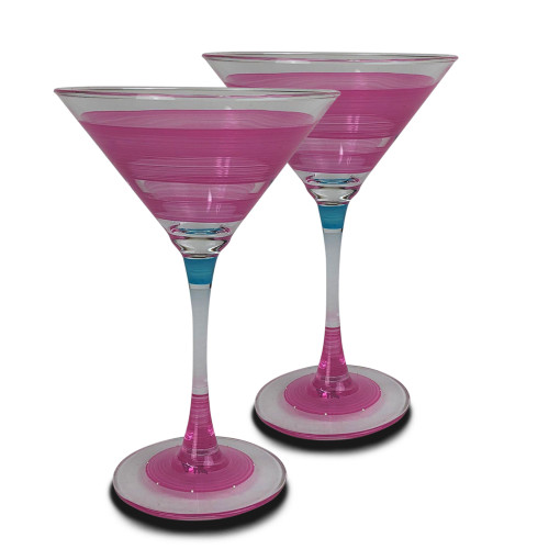 Set of 2 Pink and Clear Retro Striped Wine Glasses 7.5 oz.
