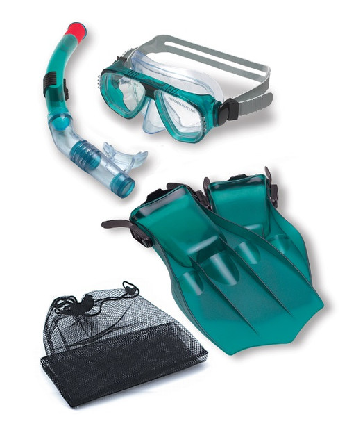 15.5" Teal Green Piranha Mask, Snorkel and Fins Swimming Pool and Water Snorkeling Set